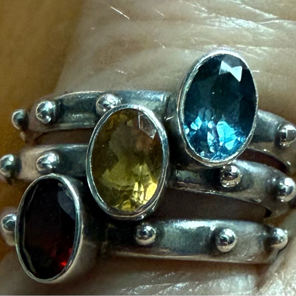 Stackable Silver Ring Set with Blue Topaz, Citrine, and Garnet - Picture 3 of 6